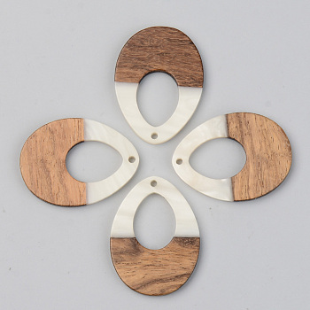 Opaque Resin & Walnut Wood Pendants, Teardrop, Floral White, 37.5x28x3mm, Hole: 2mm