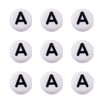 Letter Acrylic Beads, Mixed Letters A to Z, Flat Round, White, 7x4mm, 1000pcs/bag