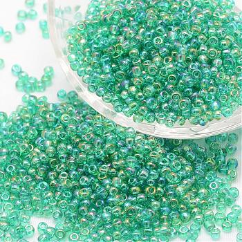 6/0 Round Glass Seed Beads, Grade A, Transparent Colours Rainbow, Medium Spring Green, 3.6~4.0mm, Hole: 1.2mm, about 5000pcs/pound