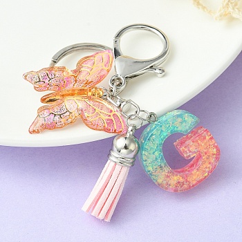 Resin & Acrylic Keychains, with Alloy Split Key Rings and Faux Suede Tassel Pendants, Letter & Butterfly, Letter G, 8.6cm