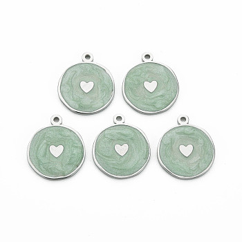 304 Stainless Steel Enamel Pendants, Stainless Steel Color, Flat Round with Heart, Dark Sea Green, 17.5x15x1mm, Hole: 1.2mm