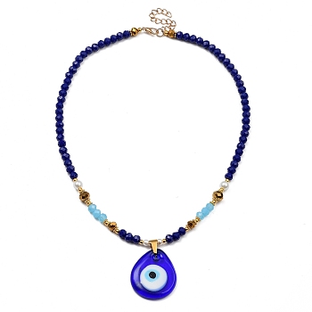 teardrop, with Evil Eye Lampwork Pendant Necklaces, with Glass Beads, Glass Pearl Beads, Brass Beads and Zinc Alloy Lobster Claw Clasps, Golden, 17.72 inch(45cm)