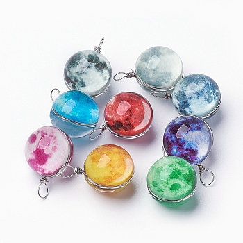Luminous Glass Pendants, with Platinum Tone Brass Findings, Round, Mixed Color, 28~29x18~19mm, Hole: 4x5mm