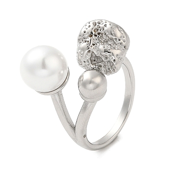 304 Stainless Steel Round Ball Open Cuff Ring with ABS Plastic Imitation Pearl, Stainless Steel Color, Inner Diameter: 17mm
