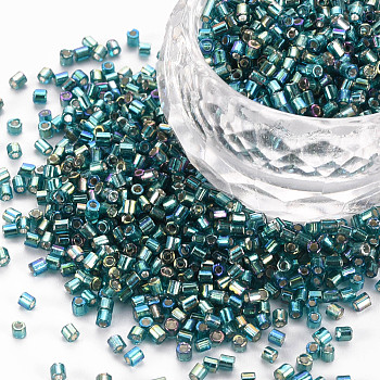 Glass Bugle Beads, Silver Lined Colours Rainbow, Teal, 2.5~3x2mm, Hole: 0.9mm, about 15000pcs/pound