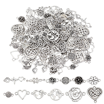 Elite 120Pcs 12 Styles Tibetan Style Alloy Connector Charms, Cadmium Free & Lead Free, Map & Heart & Flower, Mixed Shapes, Antique Silver, 12~39x9.5~23x1~5mm, Hole: 1.5~2mm, 10pcs/style