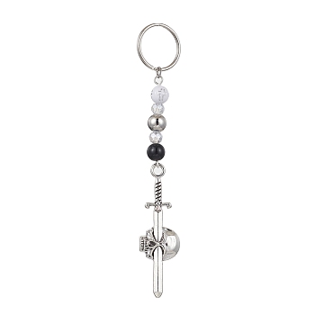 Alloy Pendant Keychain, with Iron Split Key Rings and Acrylic Beads, Sword, Skull, 11.4cm