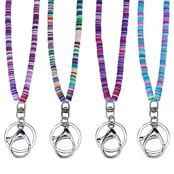 4Pcs 4 Colors Handmade Polymer Clay Bead Name Card Lanyard, with Lobster Claw Clasp Keychain, Mixed Color, 450mm, 1pc/color