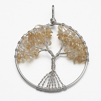 Natural Citrine Bead Brass Wire Wrapped Big Pendants, Tree of Life, Cadmium Free & Nickel Free & Lead Free, 50~64x48~52x5~8mm, Hole: 3~6mm