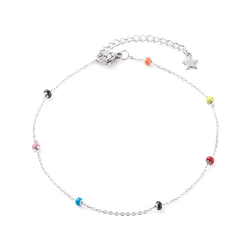 Stainless Steel Satellite Chain Anklets, with Enamel, Colorful, Stainless Steel Color, 9-3/4 inch(24.8cm)