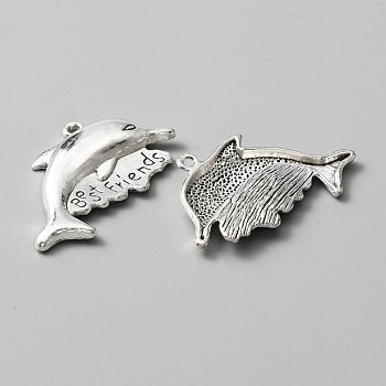 Tibetan Style Alloy Pendants, Dolphin with Word Best Frineds Charms, Antique Silver, 25x35x4mm, Hole: 1.9mm