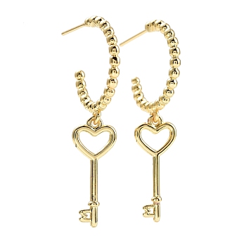 C-Shape with Skeleton Key Dangle Stud Earrings, Brass Long Drop Half Hoop Earrings for Women, Lead Free & Cadmium Free, Real 18K Gold Plated, 41x19mm, Pin: 0.6mm