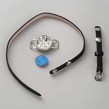 PU Leather Cord Bracelets, Essential Oil Diffuser Bracelets for Women, with Fibre Perfume Pads & Stainless Steel & Alloy Findings & Rhinestone, Flat Round with Musical Note Pattern, Royal Blue, 12-5/8x3/8x1/4 inch(32.2x0.9x0.5cm)