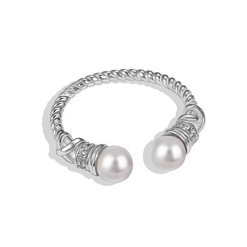 Round Shell Pearl Cuff Ring, Rhodium Plated 925 Sterling Silver Open Ring for Women, Platinum, Adjustable