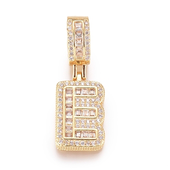Brass Micro Pave Cubic Zirconia Pendants, Letter, Clear, Golden, Letter.E, 20x12x3.5mm, Hole: 6.5x9mm