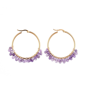 Beaded Hoop Earrings, with Natural Amethyst Beads, Golden Plated 304 Stainless Steel Hoop Earrings and Cardboard Packing Box, 48x39mm, Pin: 1x0.7mm