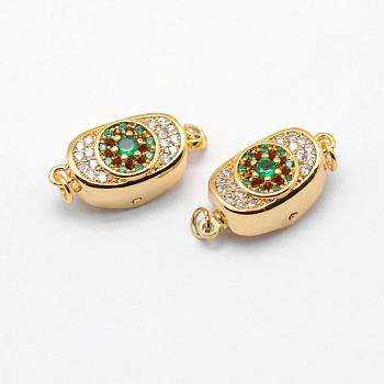 Brass Box Clasps, with Cubic Zirconia, Cadmium Free & Nickel Free & Lead Free, Real 18K Gold Plated, Oval and Round, Medium Spring Green, 18x9x7mm, Hole: 2mm