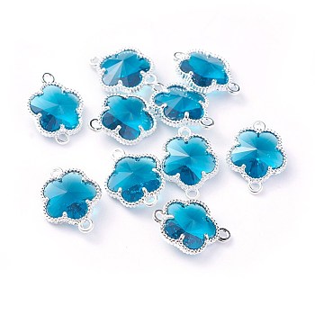 Glass Links connectors, with Eco-Friendly Alloy Open Back Berzel Findings, Flower, Silver Color Plated, Steel Blue, 15.5x12x5mm, Hole: 1.4mm