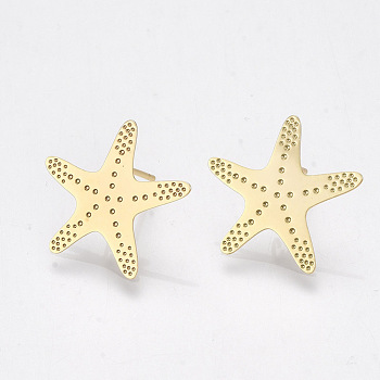 Brass Stud Earring Findings, Starfish/Sea Stars, Real 18K Gold Plated, 19x20mm, Hole: 1.8mm, pin: 0.7mm