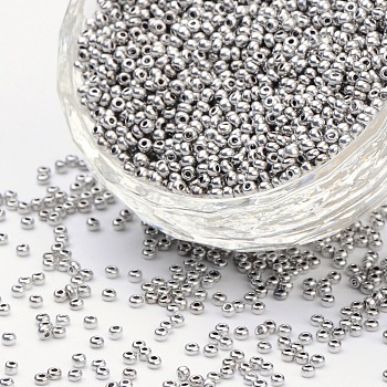 12/0 Grade A Round Glass Seed Beads, Metallic Colours, Silver, 12/0, 2x1.5mm, Hole: 0.3mm, about 30000pcs/bag