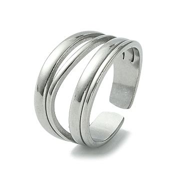 304 Stainless Steel Open Cuff Ring, Hollow Mutli Lines Ring, Stainless Steel Color, Inner Diameter: 17.6mm