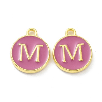 Golden Plated Alloy Enamel Charms, Cadmium Free & Lead Free, Enamelled Sequins, Flamingo, Flat Round with Letter, Letter.M, 14x12x2mm, Hole: 1.4mm