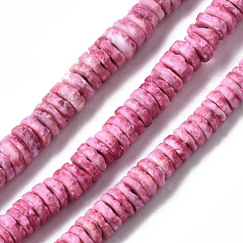 Natural Sea Shell Beads Strands, Dyed, Flat Round/Disc, Heishi Beads, Flamingo, 5~7x1.5~2.5mm, Hole: 0.9mm, about 329~348pcs/strand, 22.32 inch~22.83 inch(56.7~58cm)