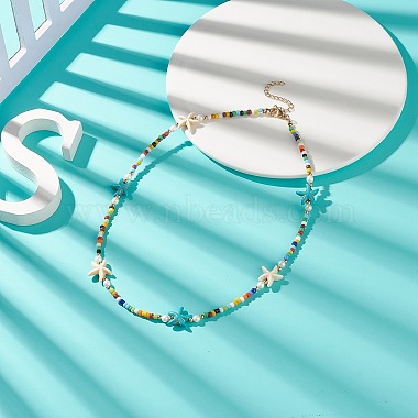 Colorful Synthetic Turquoise Starfish & Shell Pearl & Glass Seed Beaded Necklace for Women(NJEW-TA00044)-2