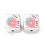 Printed Plating Acrylic Beads, Cube, Silver Plated, Pink, Strawberry, 14x14x14mm, Hole: 2.5mm(AC-CBA655C-17A)