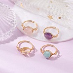 Oval Natural Amethyst & Amazonite & Rose Quartz & Citrine Finger Rings, Copper Wire Wrapped Rings, Real 18K Gold Plated, US Size 7 1/4(17.5mm), 4pcs/set(GG-CJ22AE-G)
