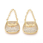 Brass Micro Pave Cubic Zirconia Pendants, Cadmium Free & Lead Free, Bag Charms, Real 18K Gold Plated, 28x16x3.2mm, Hole: 1.2mm, bag: 15.5x16x3.2mm(KK-T070-52G)