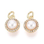 Brass Micro Pave Clear Cubic Zirconia Charms, with ABS Imitation Pearl Beads, Flat Round Charms, Real 18K Gold Plated, 11.5x9x5.5mm, Hole: 3mm(KK-N287-26G)