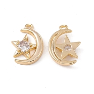 Brass Micro Pave Clear Cubic Zirconia Pendants, Moon with Star Charms, Real 18K Gold Plated, 15x11x3.5mm, Hole: 1.2mm(KK-E068-VC090)