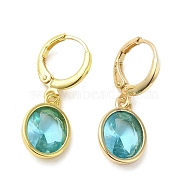 Real 18K Gold Plated Brass Dangle Leverback Earrings, with Oval Glass, Deep Sky Blue, 27x10mm(EJEW-L268-001G-04)