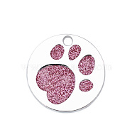 Enamel Pendants, with Platinum Plated Alloy Findings and Glitter Powder, Flat Round with Dog Paw Prints, Flamingo, 25x1.7mm, Hole: 2.6mm(ENAM-CJC0001-05C)