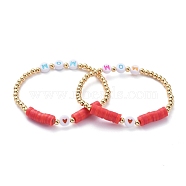 Mother's Day Gifts, Stretch Bracelets, with Polymer Clay Heishi Beads, Initial Acrylic Beads and Golden Plated Brass Beads, Word Mom, Red, Inner Diameter: 2-3/8 inch(6.2cm)(BJEW-JB05622-02)