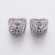 Brass Micro Pave Cubic Zirconia European Beads, Large Hole Beads, Heart, Platinum, Lilac & Clear, 10x10x7.5~8mm, Hole: 4.5~5mm(OPDL-P001-30A)