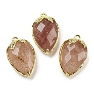 Natural Strawberry Quartz Faceted Pendants, Rack Plating Brass Strawberry Charms, Golden, 18x11x5~5.5mm, Hole: 1.2mm(G-M431-06G-06)