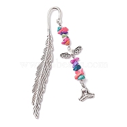 Tibetan Style Alloy Feather Bookmark, with Synthetic Turquoise Beads, Antique Silver, Yoga, 80x16x3mm(AJEW-JK00310-03)