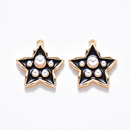 Brass Enamel Pendants, with ABS Plastic Imitation Pearl, Nickel Free, Star, Real 18K Gold Plated, Black, 15.5x14.5x4mm, Hole: 1mm(KK-T049-056G-02-NF)