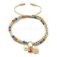 Heart & Daisy Enamel Charm Bracelet with Shell Pearl, Rainbow Color Glass Braided Bead 2-Strands Bracelets, Nylon Thread Adjustable Bracelet for Women , Colorful, 1/4 inch(0.8cm), Inner Diameter: 2-1/4~3-3/8 inch(5.8~8.5cm) (BJEW-TA00383)