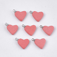 Handmade Porcelain Charms, Frosted, with Brass Findings, Heart, Platinum, Salmon, 11.5~12x14~15x3mm, Hole: 1.5mm(PORC-T002-87B)