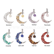 8Pcs 8 Styles Natural Mixed Gemstone Chip Pendants, Moon Alloy Charms with Round Gems, Platinum, 42x36x8mm, Hole: 6x4mm, 1pc/style(PALLOY-JF02835)