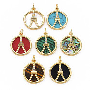 Brass Micro Pave Clear Cubic Zirconia Pendants, with Shell & Synthetic Stone & Acrylic and Jump Ring, Real 16K Gold Plated, Flat Round with Tower, Nickel Free, Mixed Color, 20x17x3mm, Jump Ring: 5x1mm, 3mm inner diameter(KK-N227-74-NF)