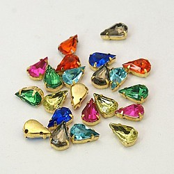 Sew on Rhinestone, Multi-strand Links, Multi-strand Links, Acrylic Rhinestone, with Brass Prong Settings, Garments Accessories, teardrop, Mixed Color, Golden Metal Color, 10x6x5mm, Hole: 1mm(X-GACR-A001-6x10-G)