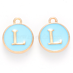 Golden Plated Alloy Enamel Charms, Cadmium Free & Lead Free, Enamelled Sequins, Flat Round with Letter, Sky Blue, Letter.L, 14x12x2mm, Hole: 1.5mm(X-ENAM-S118-04L)