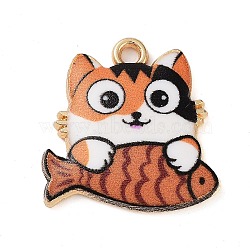 Rack Plating Alloy Enamel Pendants, Golden, Cat with Fish Charm, Orange, 18x18x3mm, Hole: 2mm(FIND-Q099-11G-01)