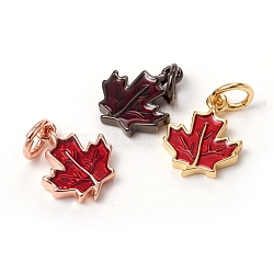 Autumn Theme Brass Charms, with Enamel and Jump Rings, Long-Lasting Plated, Maple Leaf, Red, Mixed Color, 11.5x9x2mm, Jump Ring: 5x0.7mm, Inner Diameter: 3.6mm(KK-I668-23)