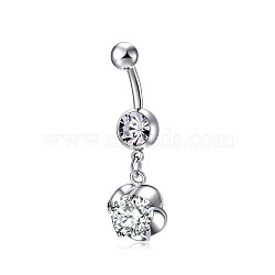 Piercing Jewelry, Brass Cubic Zirconia Navel Ring, Navel Ring Belly Rings, with 304 Stainless Steel Bar, Lead Free & Cadmium Free, Flower, Platinum, Clear, 41.5x13.5mm, Bar Length: 3/8"(10mm), Bar: 14 Gauge(1.6mm)(AJEW-EE0006-21A)