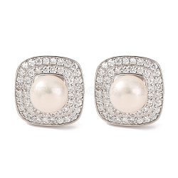 925 Sterling Silver Square Stud Earrings, with Natural Pearl & Clear Cubic Zirconia, Real Platinum Plated, 13x13mm(EJEW-C115-02P)